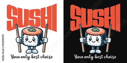 Sushi Delight: An appetizing illustration of sushi roll character with chopsticks and a cute, inviting design, symbolizing the best choice, designed for culinary appeal