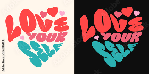 Love Yourself: A vibrant, creative typography design with 'Love Yourself' elegantly shaped like a heart. Expressing themes of self-love, positivity, and emotional well-being.