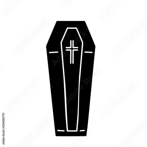 Black coffin with cross symbol in minimalist design, suitable for Halloween decor, copy space, on transparent background