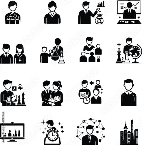 Business people management strategy team leadership finance chess time global network vector icons set