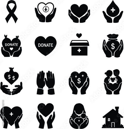 Charity donation icons set vector illustration for fundraising and humanitarian aid campaigns support