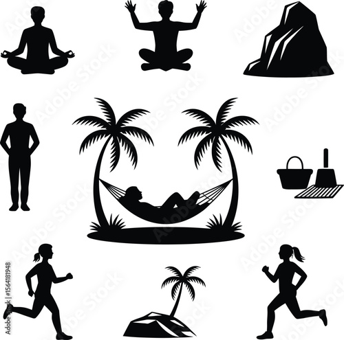 Wellness retreat vector illustration featuring yoga meditation running hammock and beach activities icons