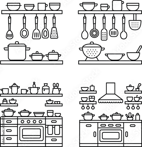 Kitchenware outline vector illustration set cooking utensils and equipment for kitchen interior design