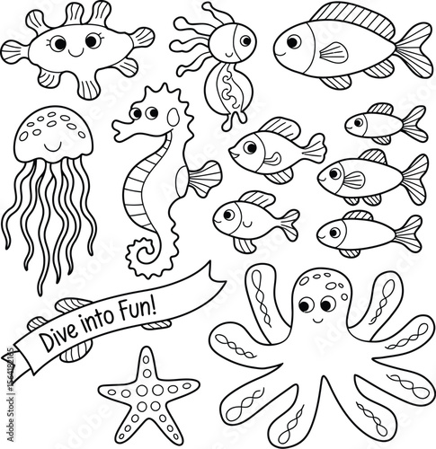 Ocean life coloring page for kids with sea animals fish octopus jellyfish seahorse starfish