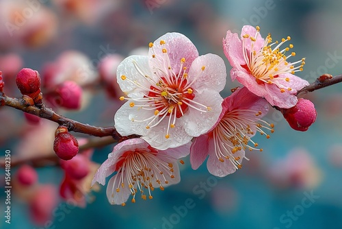 Japan plum blossom branches early spring soft pink and white blooms against a bright blue background
