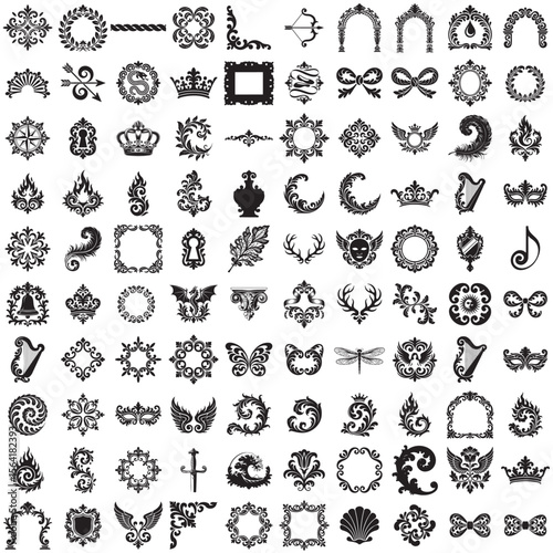 Set of 100 full black Baroque ornament designs vector collection isolated on white background