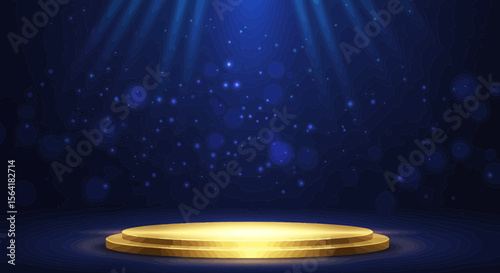 Elegant golden stage against a vibrant blue backdrop with shimmering lights