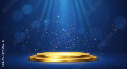 Elegant gold podium illuminated by spotlights against a deep blue bokeh background