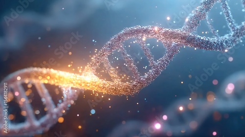 Artistic DNA Double Helix Metallic Structure With Warm Energy Radiance, Scientific Representation Against Blue Background, Featuring Glowing Particles And Helix Design