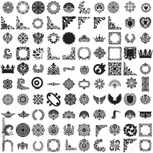 Collection of 100 full black Victorian ornament vectors featuring intricate classic decorative designs on white background