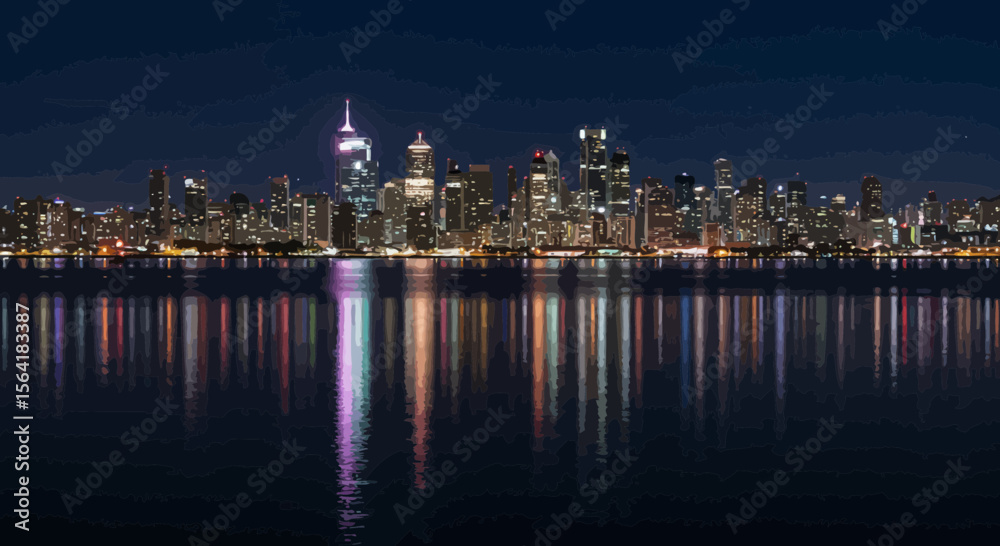 Obraz premium Cityscape reflections: Hong Kong's skyline illuminated on the waterfront at night