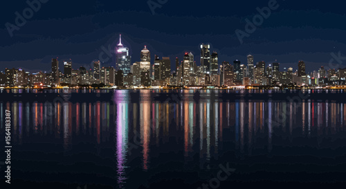 Cityscape reflections: Hong Kong's skyline illuminated on the waterfront at night