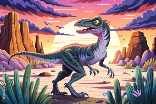 agile Velociraptor run through a dry desert canyon, showcasing speed, strategy, and primal intensity in a harsh prehistoric environment