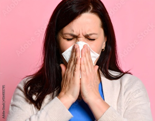 Woman Sneezing or Blowing Nose with Tissue