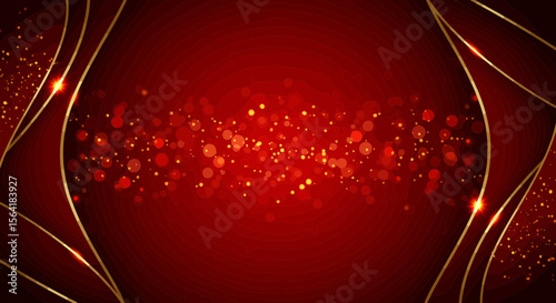 Elegant red and gold abstract background with bokeh effect and decorative lines