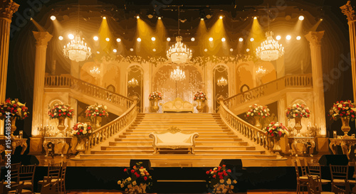 Opulent Stage Design with Grand Staircase and Chandeliers for a Wedding or Event