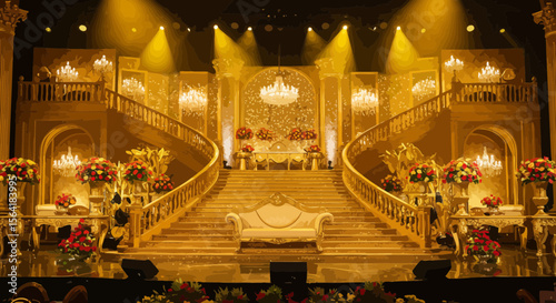 Opulent wedding stage with grand staircase and luxurious golden decoration elements