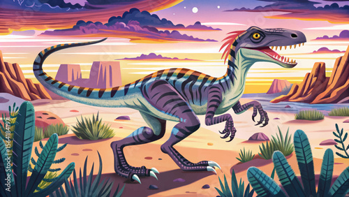 agile Velociraptor run through a dry desert canyon, showcasing speed, strategy, and primal intensity in a harsh prehistoric environment