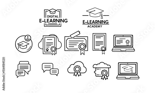 Set of E-learning and Online Education Line Icons – Certificates, Graduation Cap, Cloud, Chat