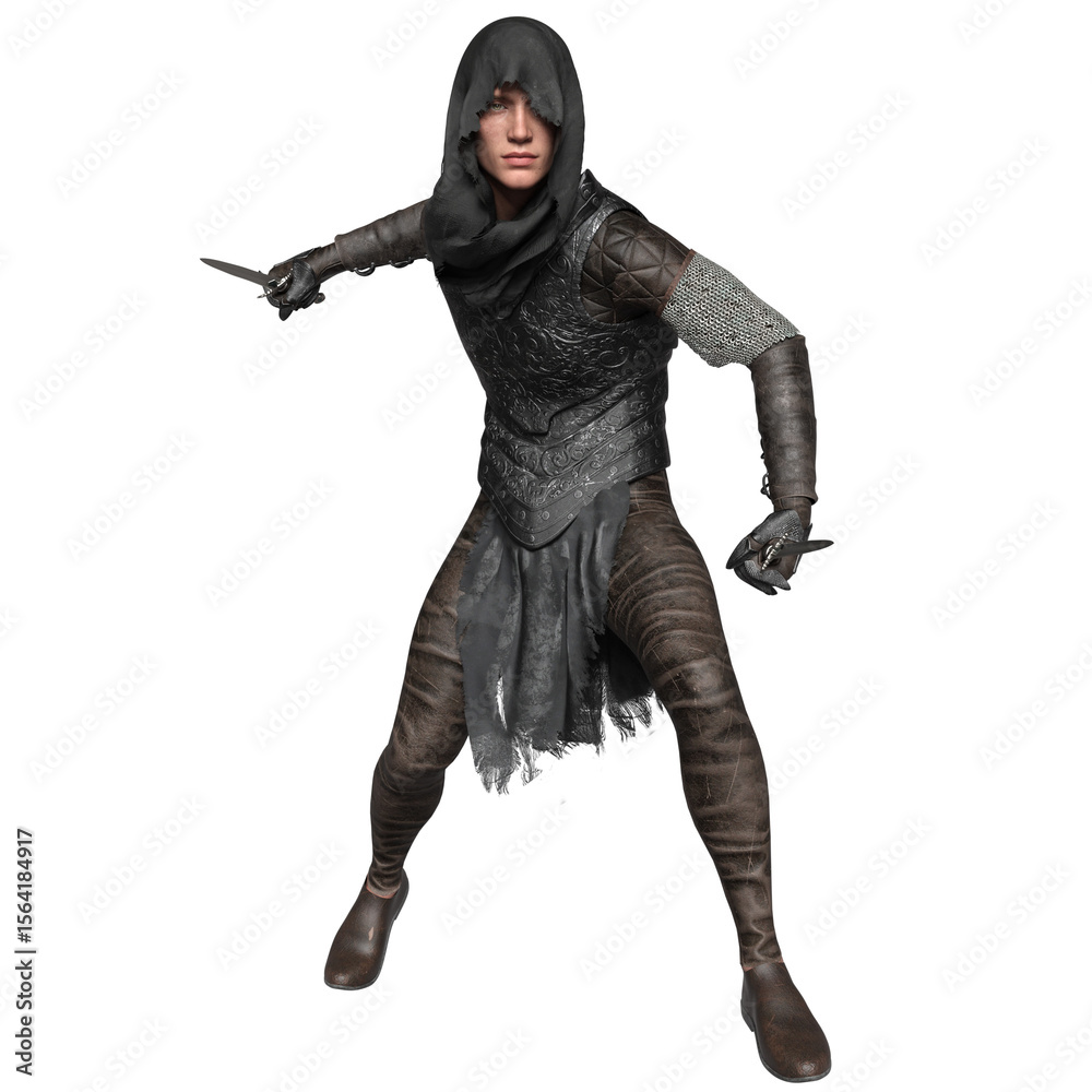 3D rendered fantasy male assassin character with a hood isolated on transparent background 3D rendered fantasy male assassin character with a hood isolated on transparent background