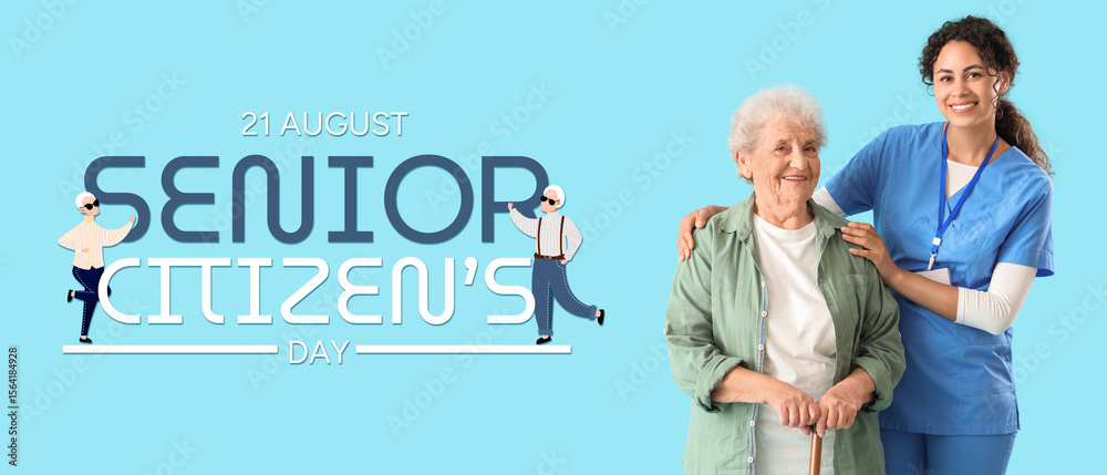 © Pixel-Shot - Young African-American female medical worker hugging elderly woman on blue background © Pixel-Shot - Young African-American female medical worker hugging elderly woman on blue background