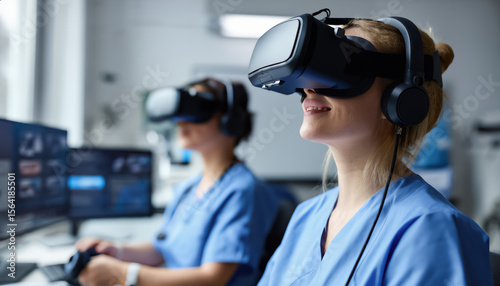 Medical professionals use virtual reality headsets for training, enhancing learning and skills in a high-tech healthcare environment.	
