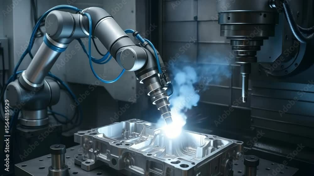 A robotic arm emits sparks while welding a metal engine block inside a cnc cell. concept of automated manufacturing efficiency.