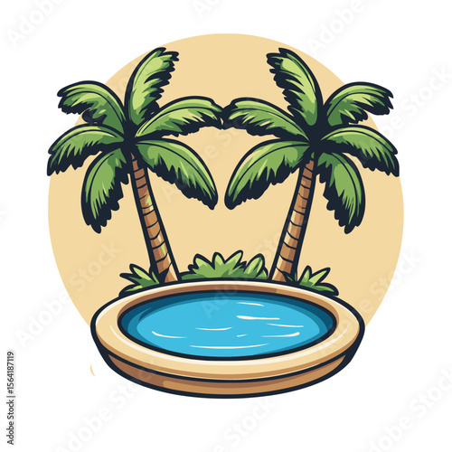 Icon of a serene oasis with palm trees and water in a simple flat design, perfect for relaxation and tranquility