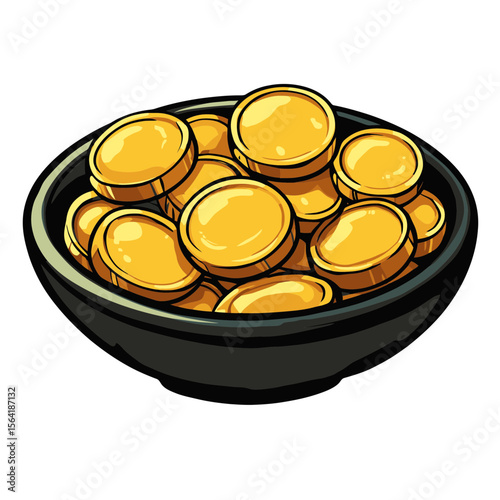 Simple flat cartoon offering plate icon with golden coins for various design uses