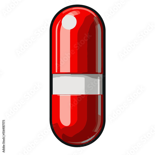 Flat cartoon representation of a red pill capsule icon designed as a simple vector graphic for health and wellness applications