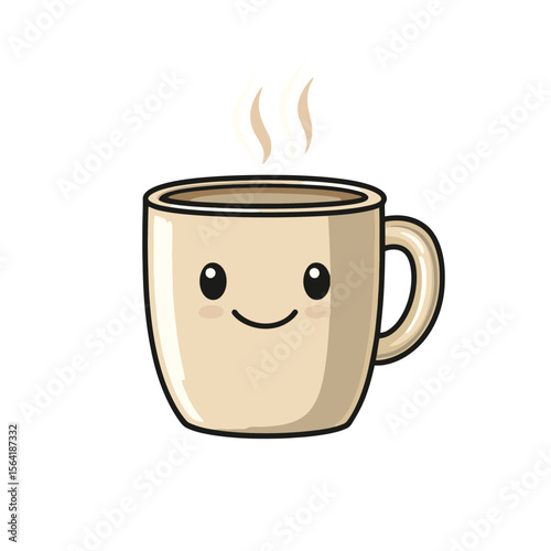 Smiling coffee mug icon featuring simple flat cartoon design in a modern vector style