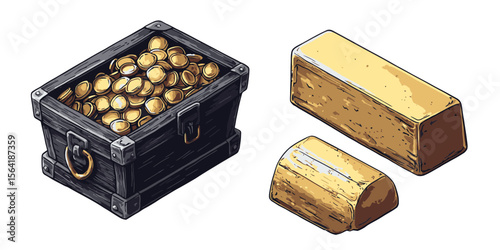 Treasure chest and gold bars in a vector illustration showcasing a shiny and valuable icon set