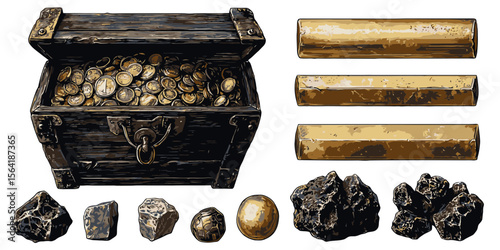 Treasure chest with gold coins and various stones in a detailed graphic design style