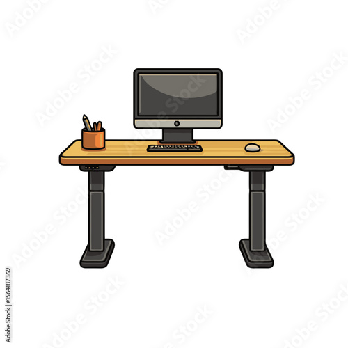 Simple flat cartoon icon of a standing desk with computer and office supplies for ergonomic workspace design