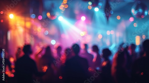 Blurred background revelry shindig. A night party with people are having fun in colorful spotlight at a nightclub. High quality
