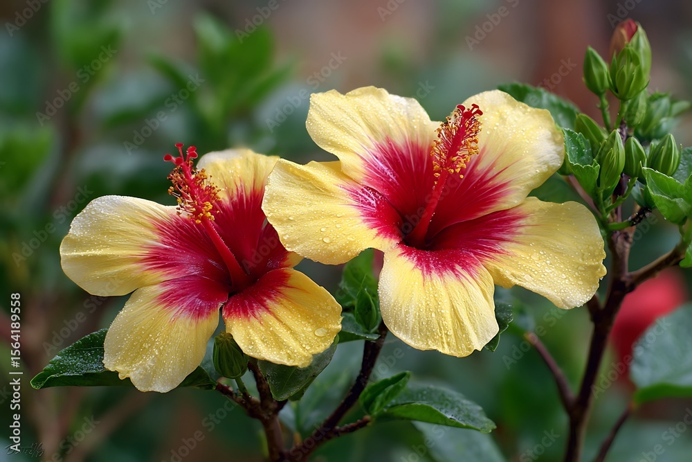 Obraz premium Stunning Hibiscus Flower Close-Up with Yellow Petals and Red Center 