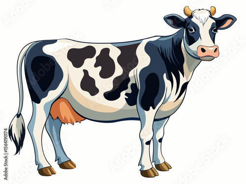 vector of Holstein cow, 5 years old, standing in black and white against a white background