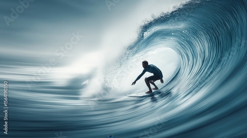 A surfer riding inside the tube of an epic wave, captured through long exposure photography, resulting in a motion blur effect and blue color tones.