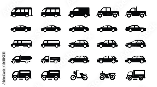Collection of black vehicle icons on white background 4
