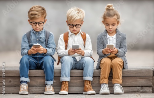 Young children using smartphones and tablets, school kids with mobile phones in their hands, sitting on the street, at school, or in the park.