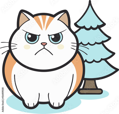 Cute grumpy unhappy cat next to a pine tree, holiday concept vector