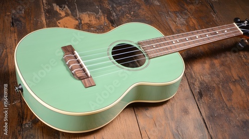 Pastel Green Ukulele on Wooden Background, Musical Instrument, Hawaiian Guitar