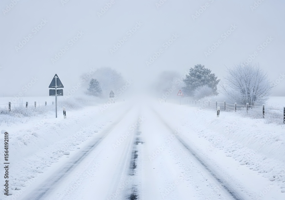 Naklejka premium Snow-Covered Road with Fog and Winter Landscape