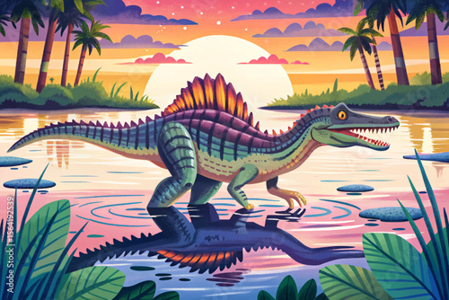 Spinosaurus wades through a shallow swamp, fishing with crocodilian precision. This prehistoric predator showcases its aquatic prowess in a murky, primeval habitat