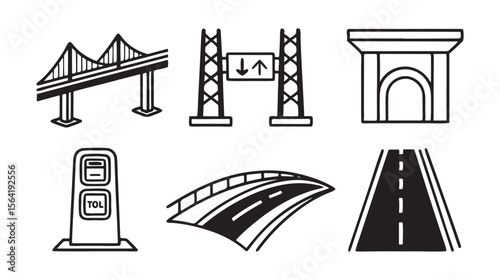 Six black and white icons of transportation infrastructure 1