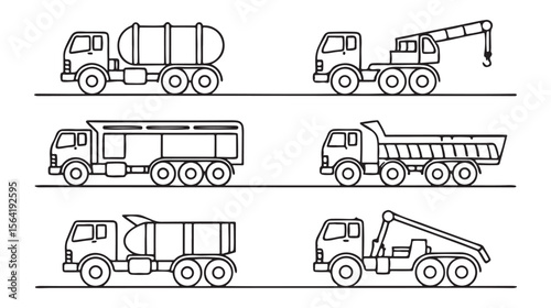Six different truck types line art lorry tanker truck