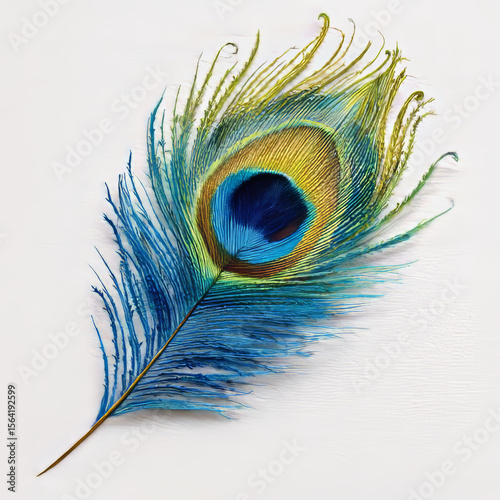 Vibrant Peacock Feather – Ultra-detailed Indian peacock feather in rich blue, green, and gold tones on a clean white background. Perfect for spiritual, boho, and nature-themed designs.