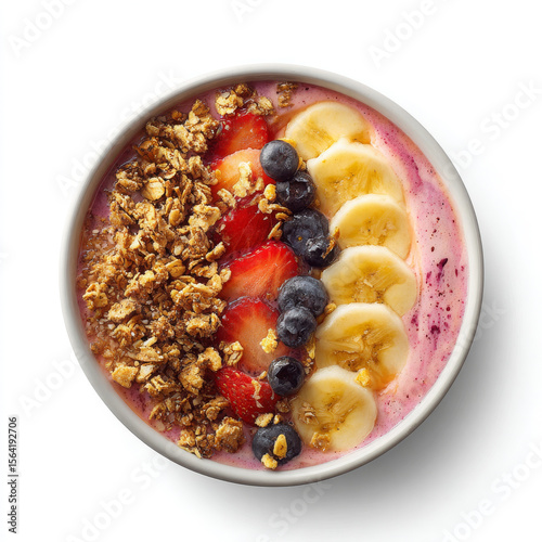 Vegan Berry Smoothie Bowl – Realistic smoothie bowl topped with granola, banana, strawberries, and blueberries. A perfect healthy, plant-based breakfast idea full of color and nutrients.