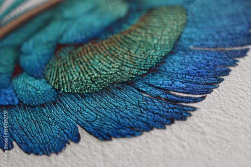 Watercolor Peacock Feather Detail – Ultra-close view of blue and green Thai-style feather with intricate textures. Perfect for nature art, luxury design, or spiritual-themed illustrations.