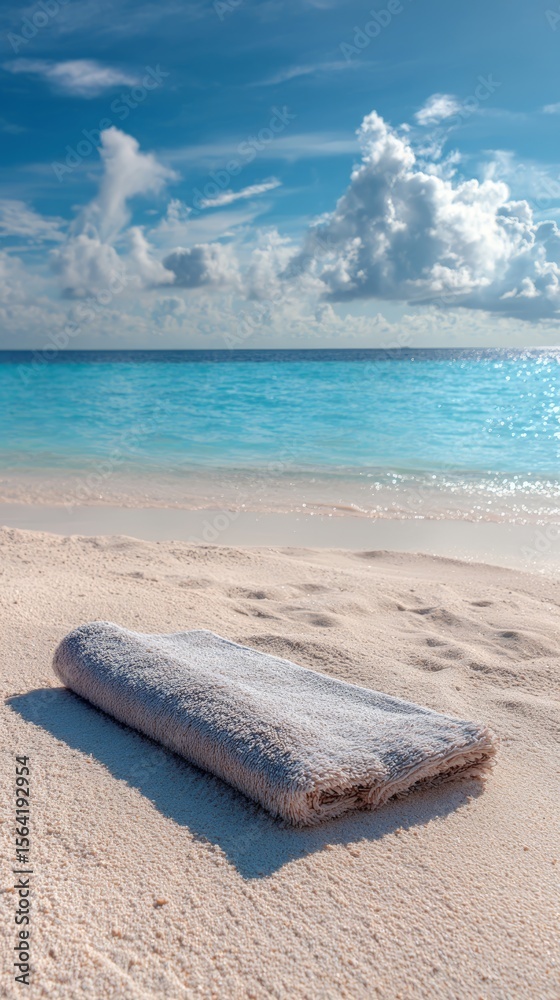 Obraz premium Tranquil beach scene with folded towel on sandy shore under blue skies
